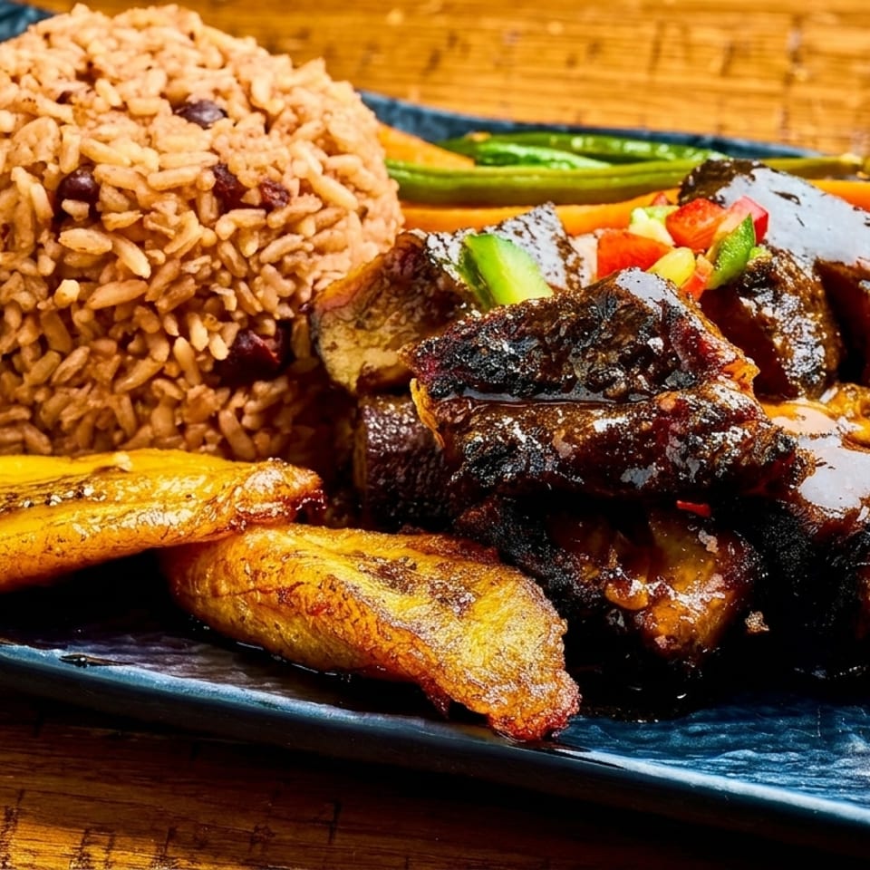 A plate of Caribbean food with rice and peas, stewed meat, fried plantains, and vegetables.