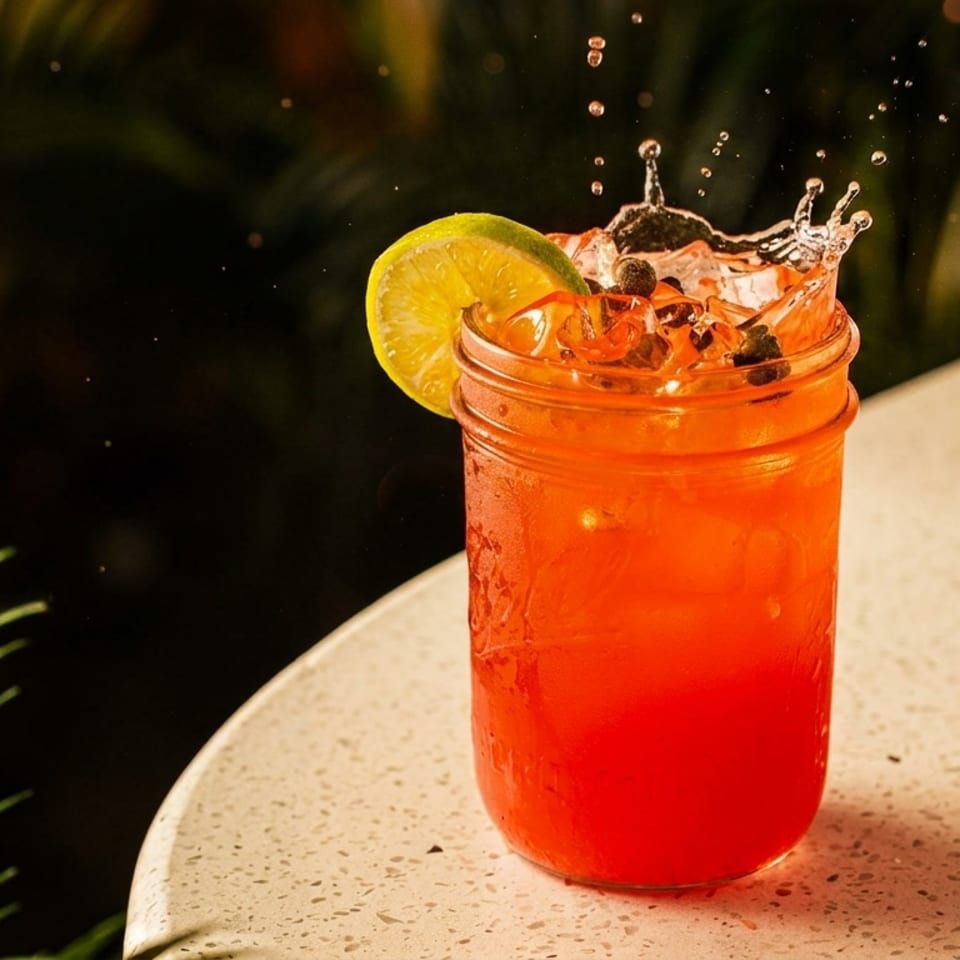 Vibrant red cocktail in a mason jar with a lime slice, ice, and splashing liquid.