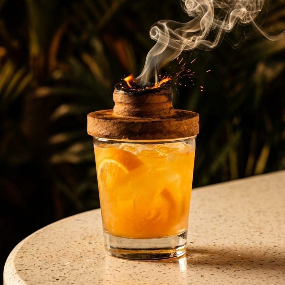 Orange cocktail with ice and orange slices, topped with a smoking, burning wooden lid.