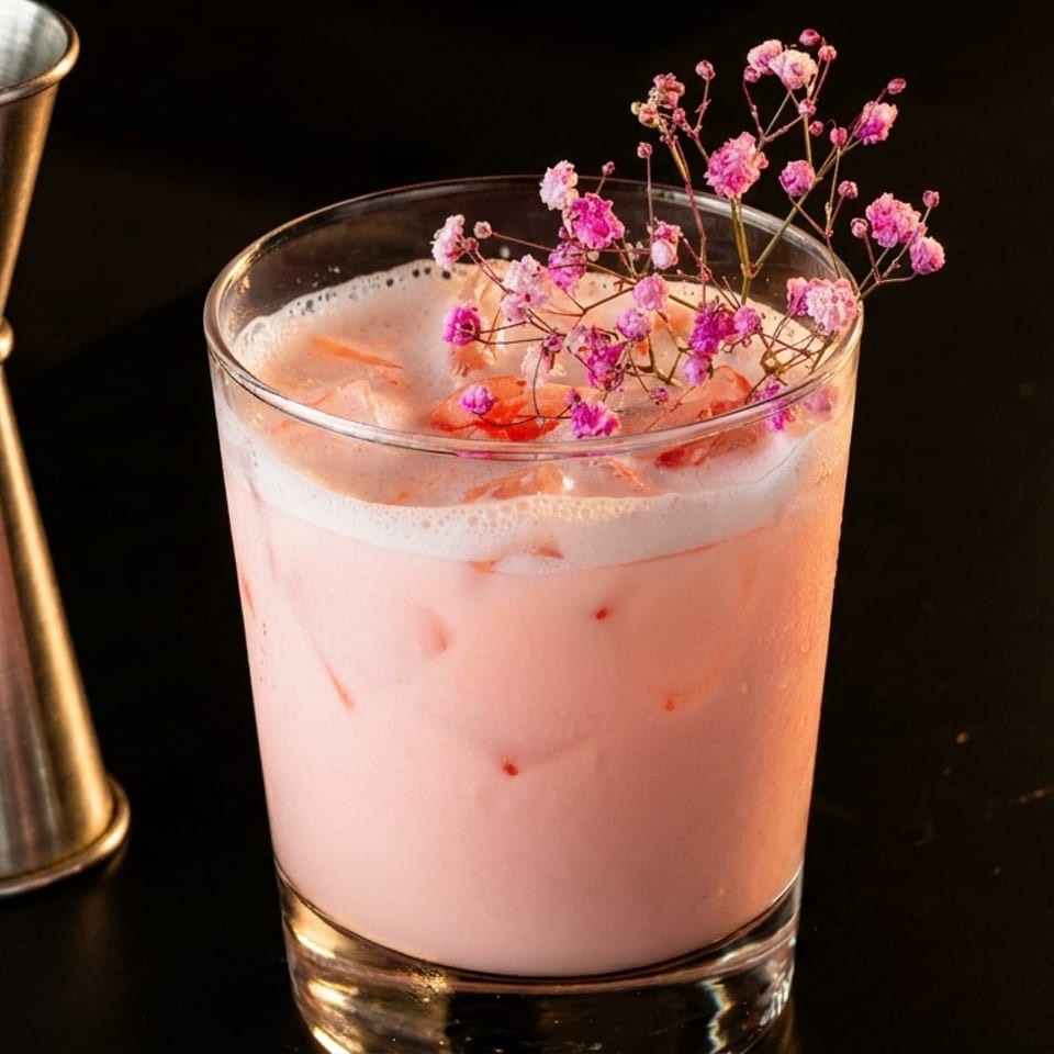 Pink cocktail with foam and small pink flowers, next to a silver jigger on a dark surface.