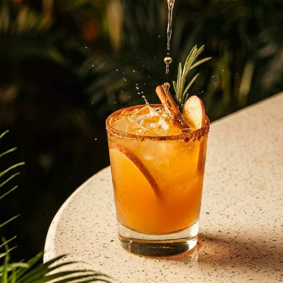A cocktail with ice, cinnamon stick, apple slice, and rosemary sprig, with liquid splashing.