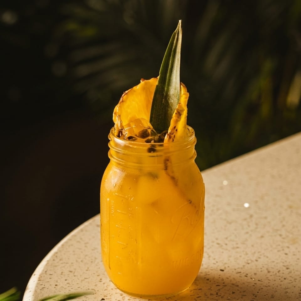 Tropical yellow drink in a mason jar, garnished with pineapple and passion fruit, on a white speckled table.